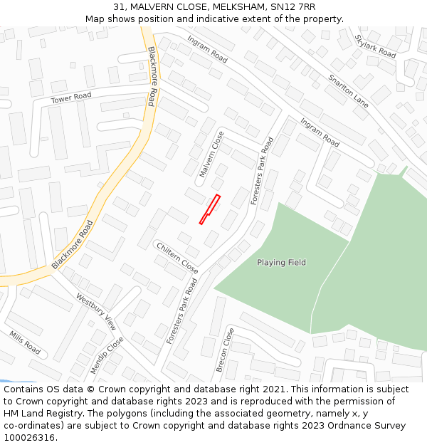 31, MALVERN CLOSE, MELKSHAM, SN12 7RR: Location map and indicative extent of plot