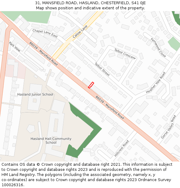 31, MANSFIELD ROAD, HASLAND, CHESTERFIELD, S41 0JE: Location map and indicative extent of plot