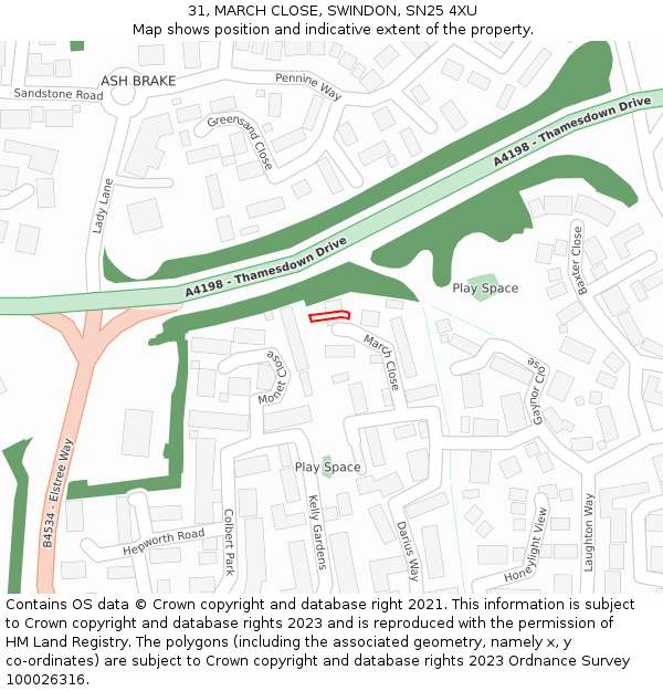 31, MARCH CLOSE, SWINDON, SN25 4XU: Location map and indicative extent of plot