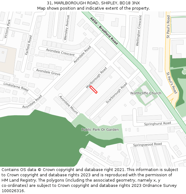 31, MARLBOROUGH ROAD, SHIPLEY, BD18 3NX: Location map and indicative extent of plot
