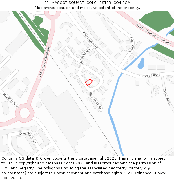 31, MASCOT SQUARE, COLCHESTER, CO4 3GA: Location map and indicative extent of plot