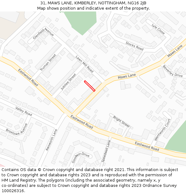 31, MAWS LANE, KIMBERLEY, NOTTINGHAM, NG16 2JB: Location map and indicative extent of plot