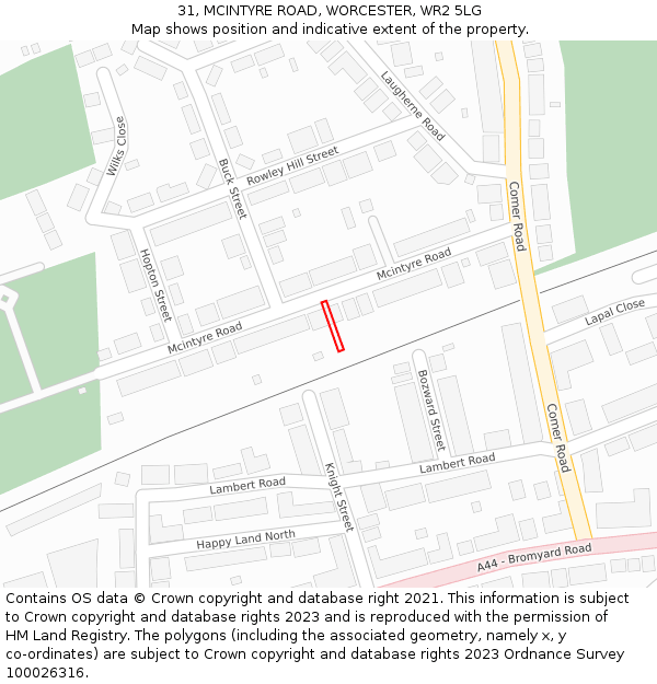 31, MCINTYRE ROAD, WORCESTER, WR2 5LG: Location map and indicative extent of plot