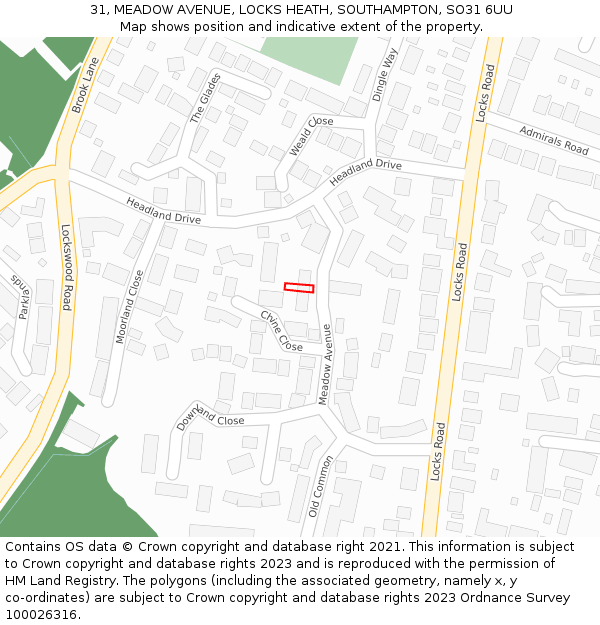 31, MEADOW AVENUE, LOCKS HEATH, SOUTHAMPTON, SO31 6UU: Location map and indicative extent of plot