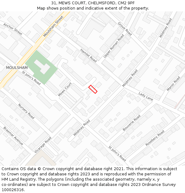 31, MEWS COURT, CHELMSFORD, CM2 9PF: Location map and indicative extent of plot