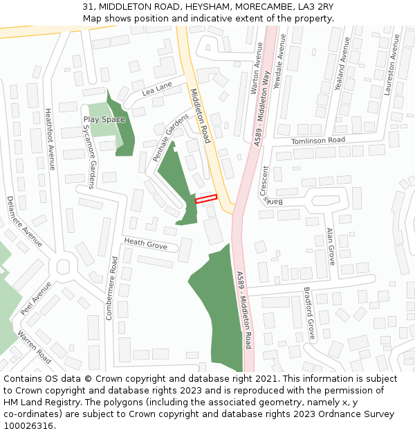 31, MIDDLETON ROAD, HEYSHAM, MORECAMBE, LA3 2RY: Location map and indicative extent of plot