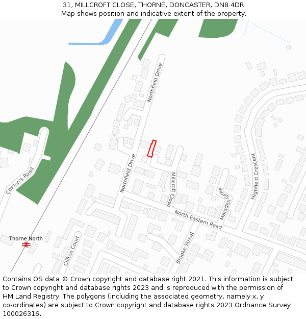 31, MILLCROFT CLOSE, THORNE, DONCASTER, DN8 4DR: Location map and indicative extent of plot
