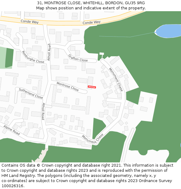 31, MONTROSE CLOSE, WHITEHILL, BORDON, GU35 9RG: Location map and indicative extent of plot