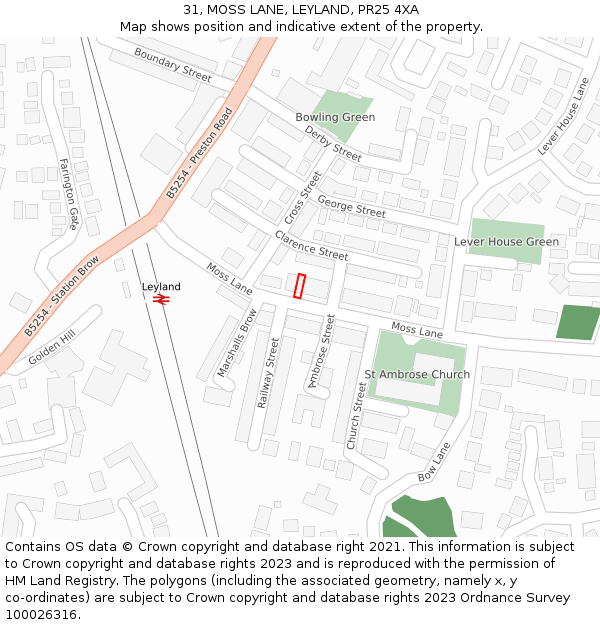 31, MOSS LANE, LEYLAND, PR25 4XA: Location map and indicative extent of plot