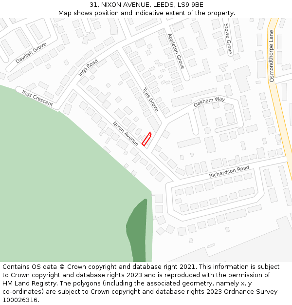 31, NIXON AVENUE, LEEDS, LS9 9BE: Location map and indicative extent of plot