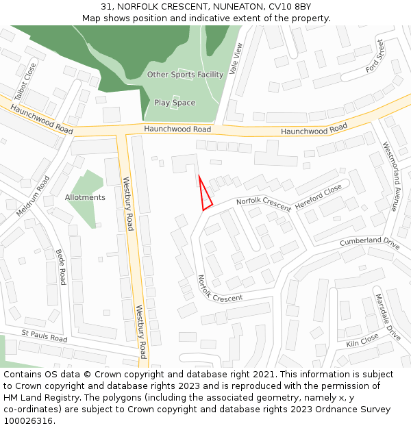 31, NORFOLK CRESCENT, NUNEATON, CV10 8BY: Location map and indicative extent of plot