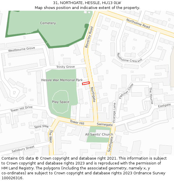 31, NORTHGATE, HESSLE, HU13 0LW: Location map and indicative extent of plot