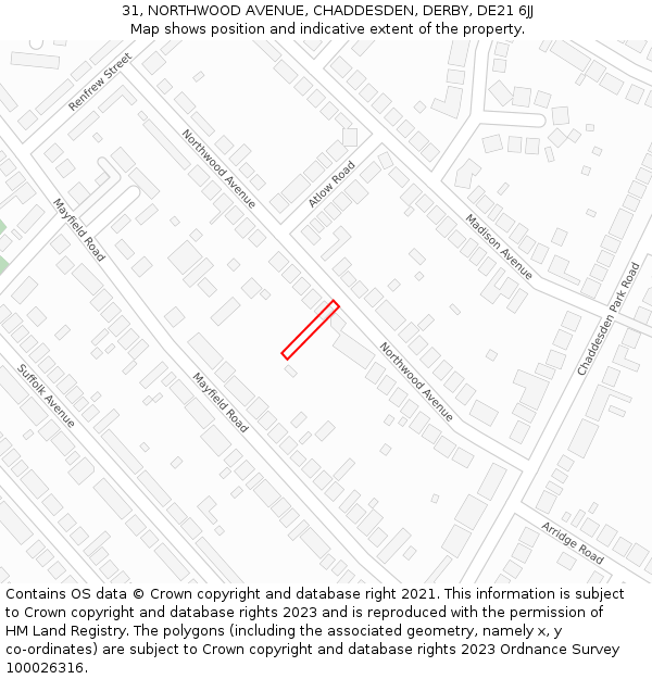 31, NORTHWOOD AVENUE, CHADDESDEN, DERBY, DE21 6JJ: Location map and indicative extent of plot