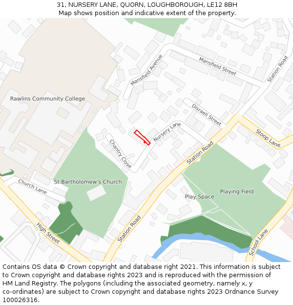 31, NURSERY LANE, QUORN, LOUGHBOROUGH, LE12 8BH: Location map and indicative extent of plot