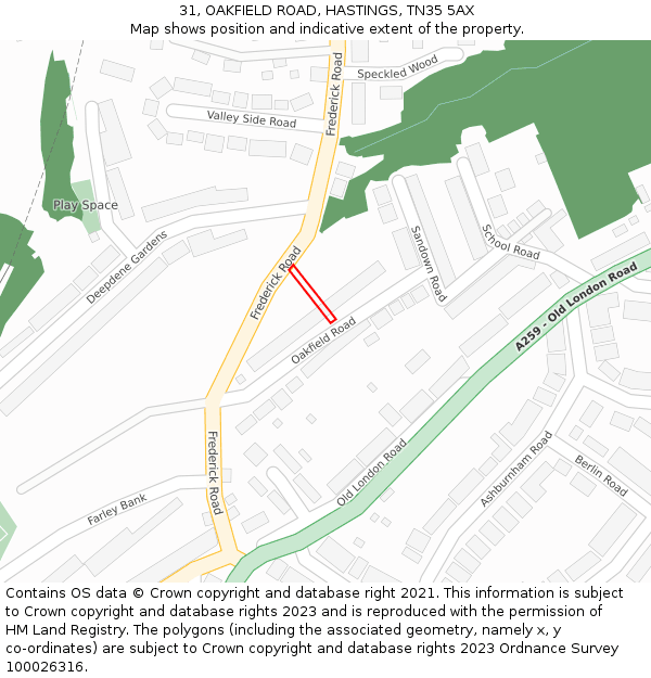 31, OAKFIELD ROAD, HASTINGS, TN35 5AX: Location map and indicative extent of plot