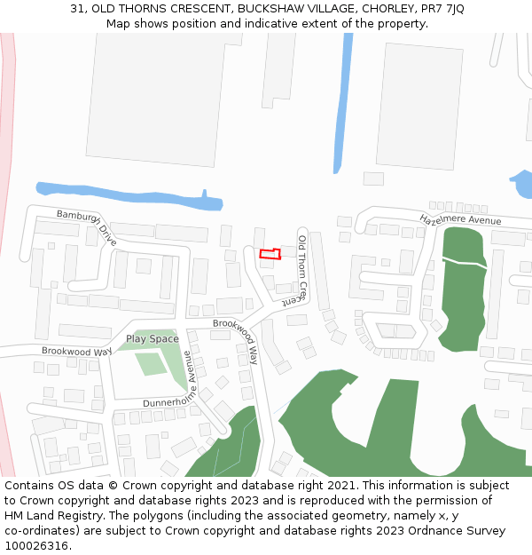 31, OLD THORNS CRESCENT, BUCKSHAW VILLAGE, CHORLEY, PR7 7JQ: Location map and indicative extent of plot