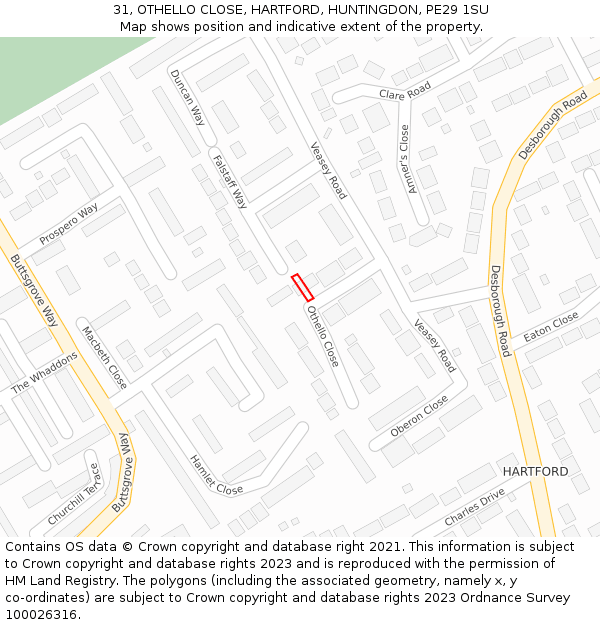 31, OTHELLO CLOSE, HARTFORD, HUNTINGDON, PE29 1SU: Location map and indicative extent of plot