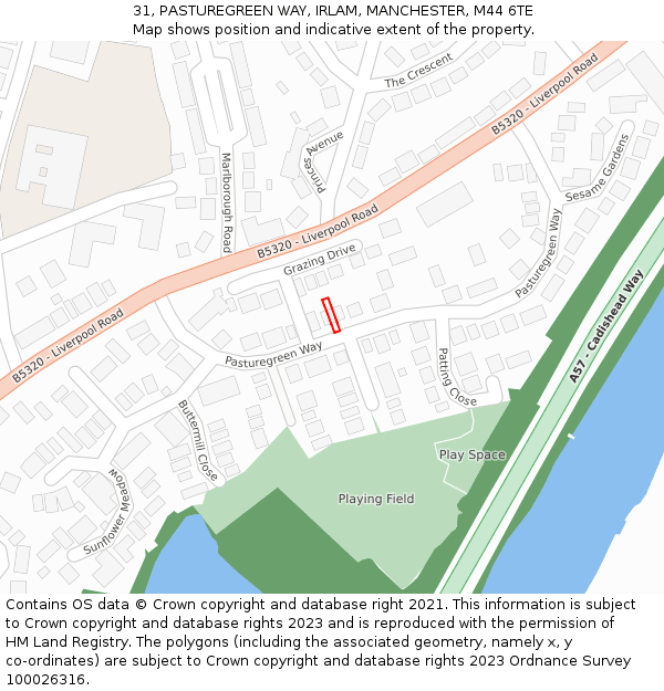 31, PASTUREGREEN WAY, IRLAM, MANCHESTER, M44 6TE: Location map and indicative extent of plot