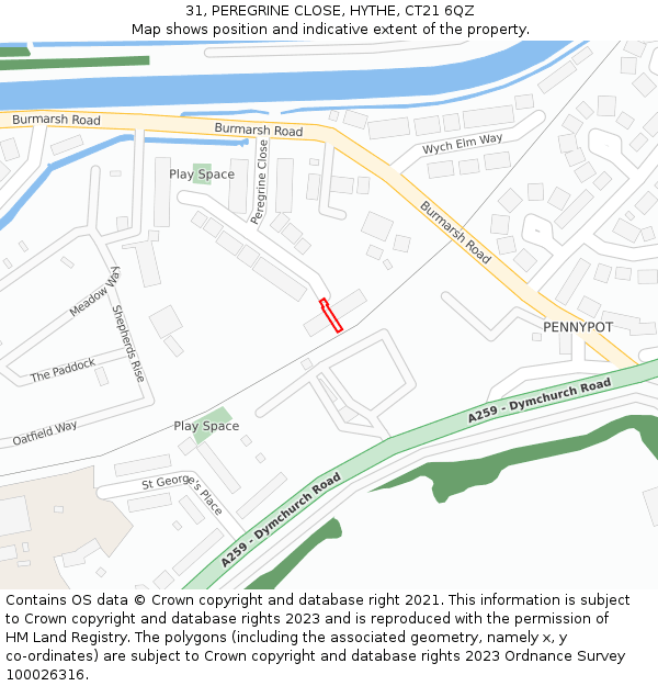 31, PEREGRINE CLOSE, HYTHE, CT21 6QZ: Location map and indicative extent of plot