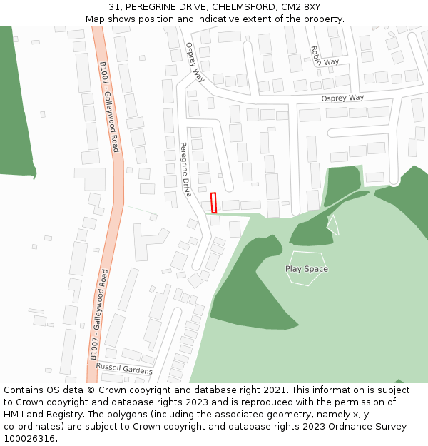 31, PEREGRINE DRIVE, CHELMSFORD, CM2 8XY: Location map and indicative extent of plot