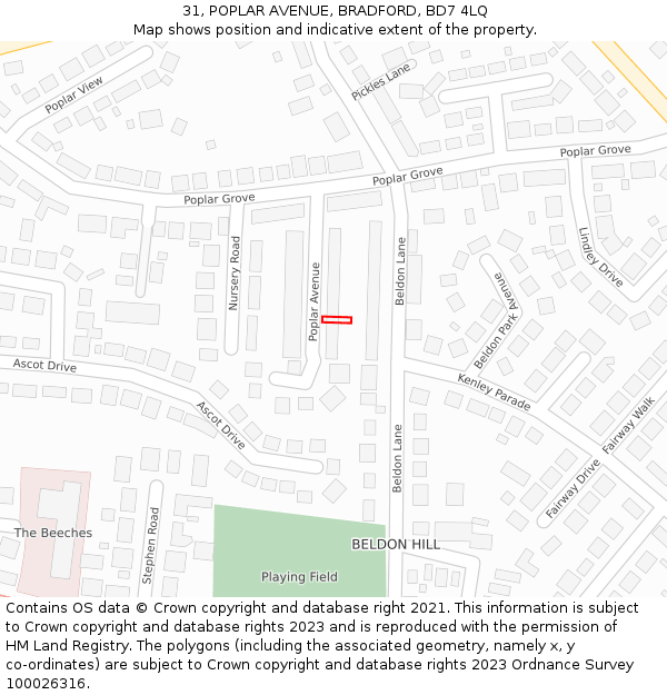 31, POPLAR AVENUE, BRADFORD, BD7 4LQ: Location map and indicative extent of plot