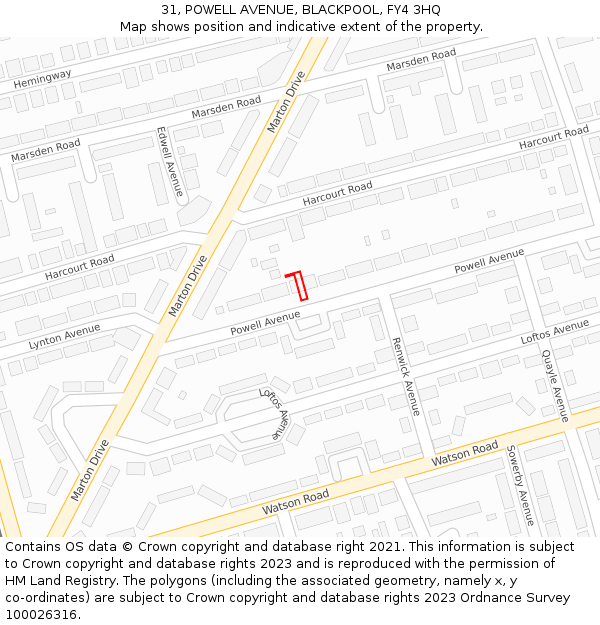 31, POWELL AVENUE, BLACKPOOL, FY4 3HQ: Location map and indicative extent of plot