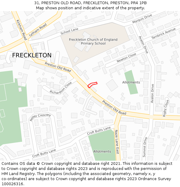 31, PRESTON OLD ROAD, FRECKLETON, PRESTON, PR4 1PB: Location map and indicative extent of plot