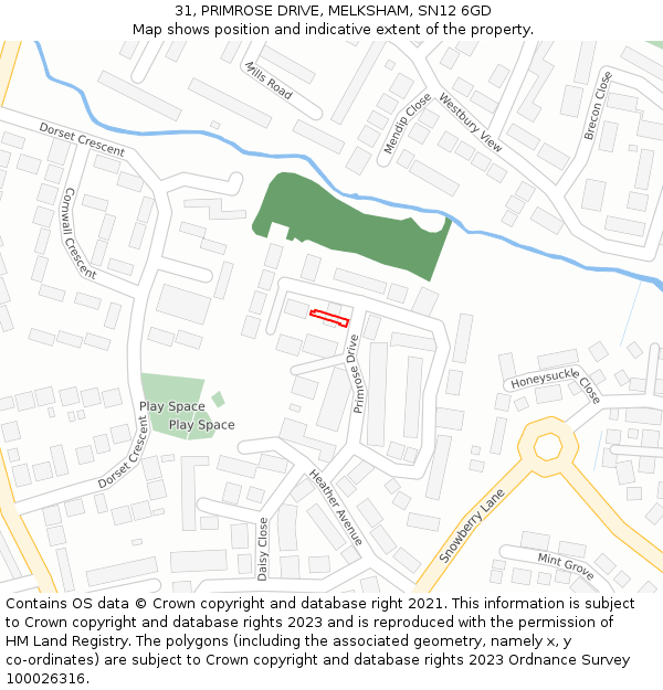 31, PRIMROSE DRIVE, MELKSHAM, SN12 6GD: Location map and indicative extent of plot