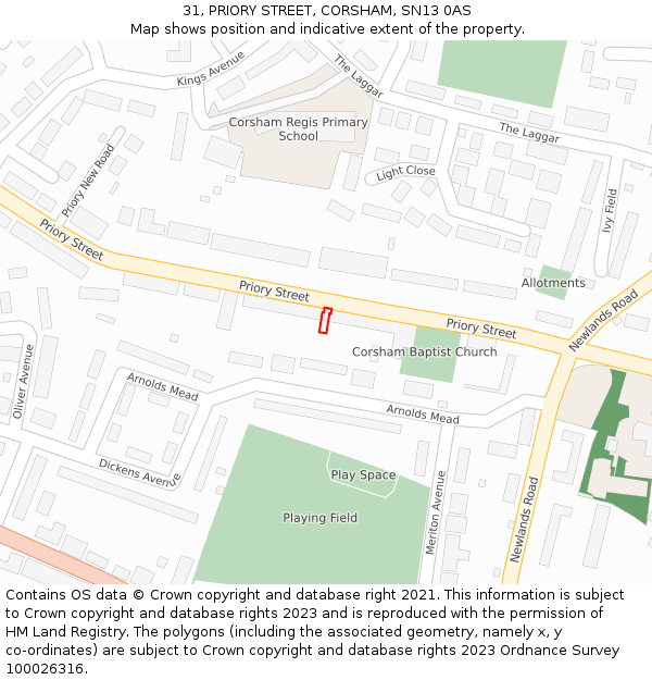 31, PRIORY STREET, CORSHAM, SN13 0AS: Location map and indicative extent of plot