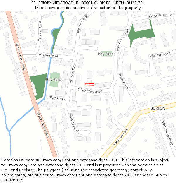 31, PRIORY VIEW ROAD, BURTON, CHRISTCHURCH, BH23 7EU: Location map and indicative extent of plot