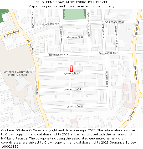 31, QUEENS ROAD, MIDDLESBROUGH, TS5 6EF: Location map and indicative extent of plot