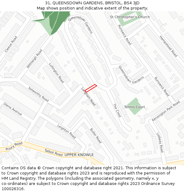 31, QUEENSDOWN GARDENS, BRISTOL, BS4 3JD: Location map and indicative extent of plot
