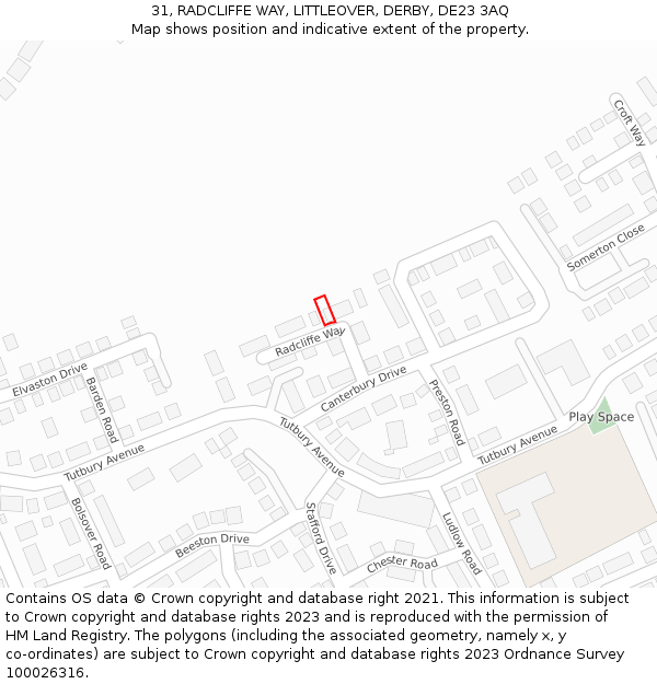 31, RADCLIFFE WAY, LITTLEOVER, DERBY, DE23 3AQ: Location map and indicative extent of plot