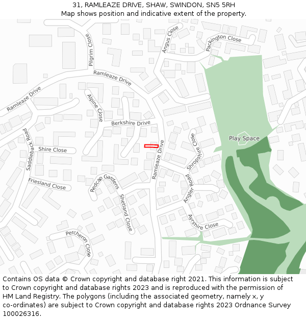 31, RAMLEAZE DRIVE, SHAW, SWINDON, SN5 5RH: Location map and indicative extent of plot