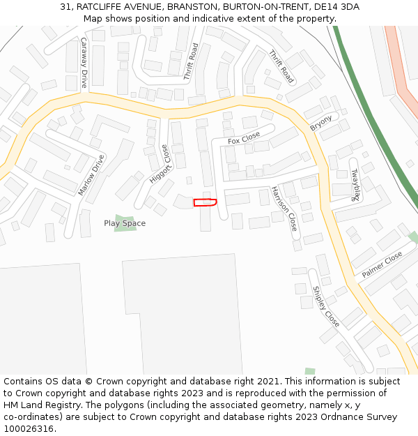 31, RATCLIFFE AVENUE, BRANSTON, BURTON-ON-TRENT, DE14 3DA: Location map and indicative extent of plot