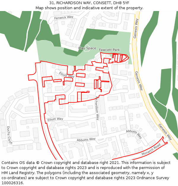 31, RICHARDSON WAY, CONSETT, DH8 5YF: Location map and indicative extent of plot
