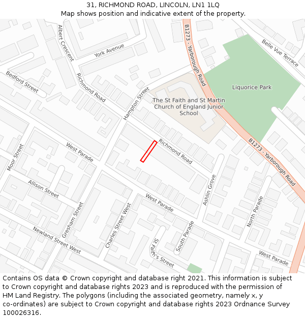 31, RICHMOND ROAD, LINCOLN, LN1 1LQ: Location map and indicative extent of plot