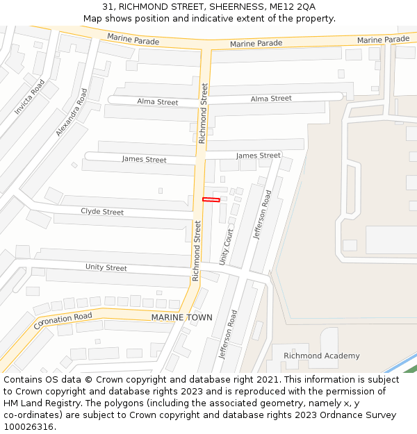 31, RICHMOND STREET, SHEERNESS, ME12 2QA: Location map and indicative extent of plot
