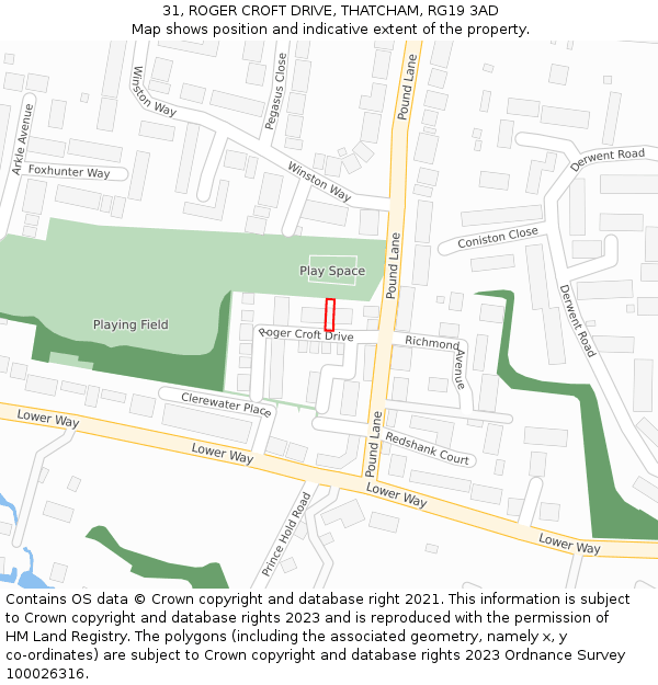 31, ROGER CROFT DRIVE, THATCHAM, RG19 3AD: Location map and indicative extent of plot