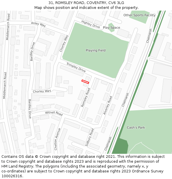 31, ROMSLEY ROAD, COVENTRY, CV6 3LG: Location map and indicative extent of plot