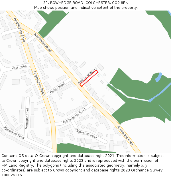 31, ROWHEDGE ROAD, COLCHESTER, CO2 8EN: Location map and indicative extent of plot