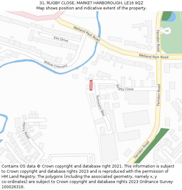 31, RUGBY CLOSE, MARKET HARBOROUGH, LE16 9QZ: Location map and indicative extent of plot