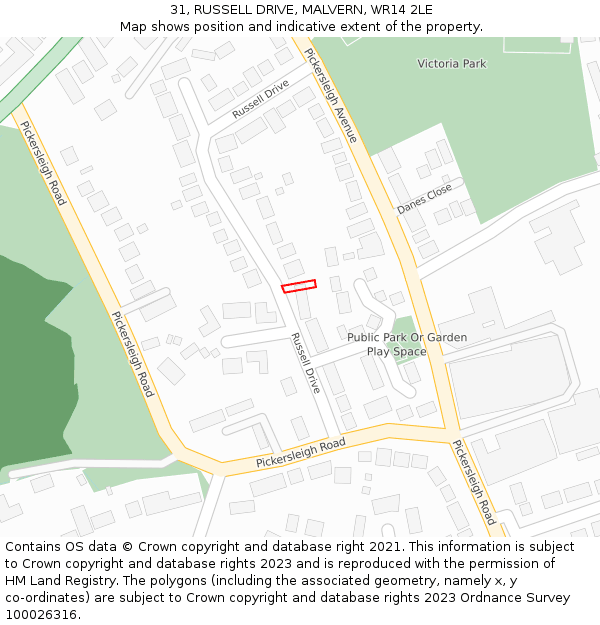 31, RUSSELL DRIVE, MALVERN, WR14 2LE: Location map and indicative extent of plot