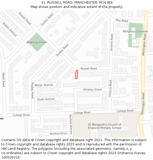 31, RUSSELL ROAD, MANCHESTER, M16 8DJ: Location map and indicative extent of plot