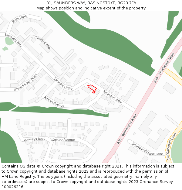 31, SAUNDERS WAY, BASINGSTOKE, RG23 7FA: Location map and indicative extent of plot