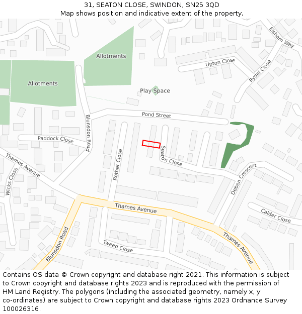 31, SEATON CLOSE, SWINDON, SN25 3QD: Location map and indicative extent of plot