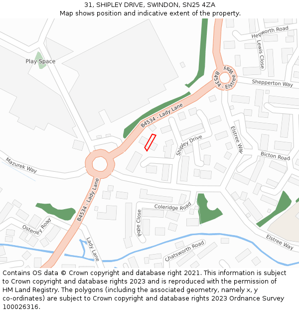 31, SHIPLEY DRIVE, SWINDON, SN25 4ZA: Location map and indicative extent of plot