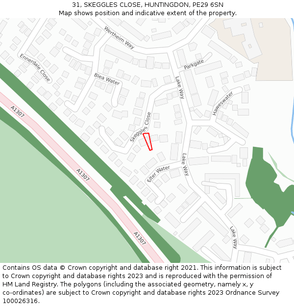 31, SKEGGLES CLOSE, HUNTINGDON, PE29 6SN: Location map and indicative extent of plot