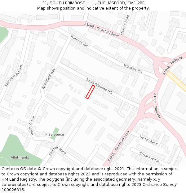 31, SOUTH PRIMROSE HILL, CHELMSFORD, CM1 2RF: Location map and indicative extent of plot