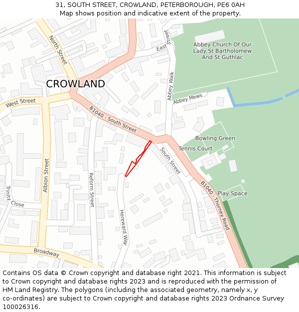 31, SOUTH STREET, CROWLAND, PETERBOROUGH, PE6 0AH: Location map and indicative extent of plot